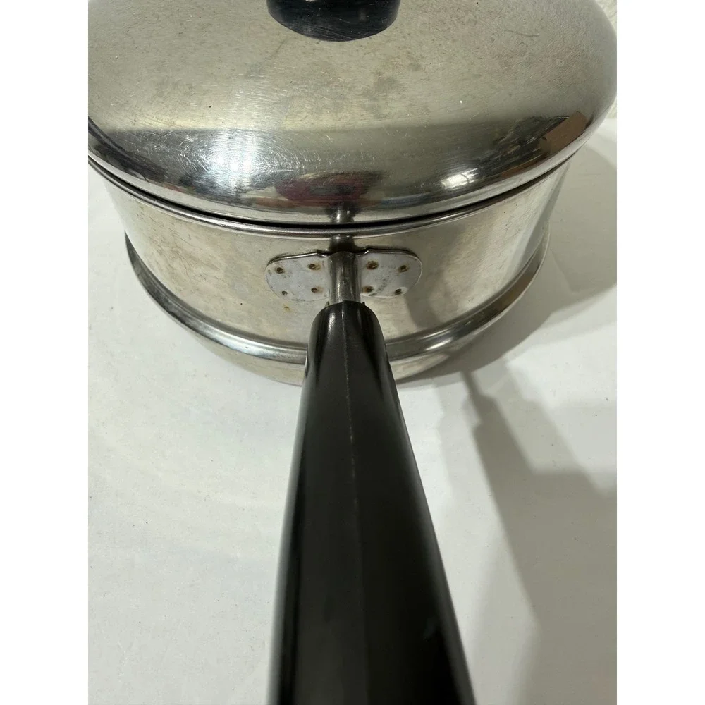 Vintage Stainless Steel Steamer Insert Pot with Lid Black Handle 6.25